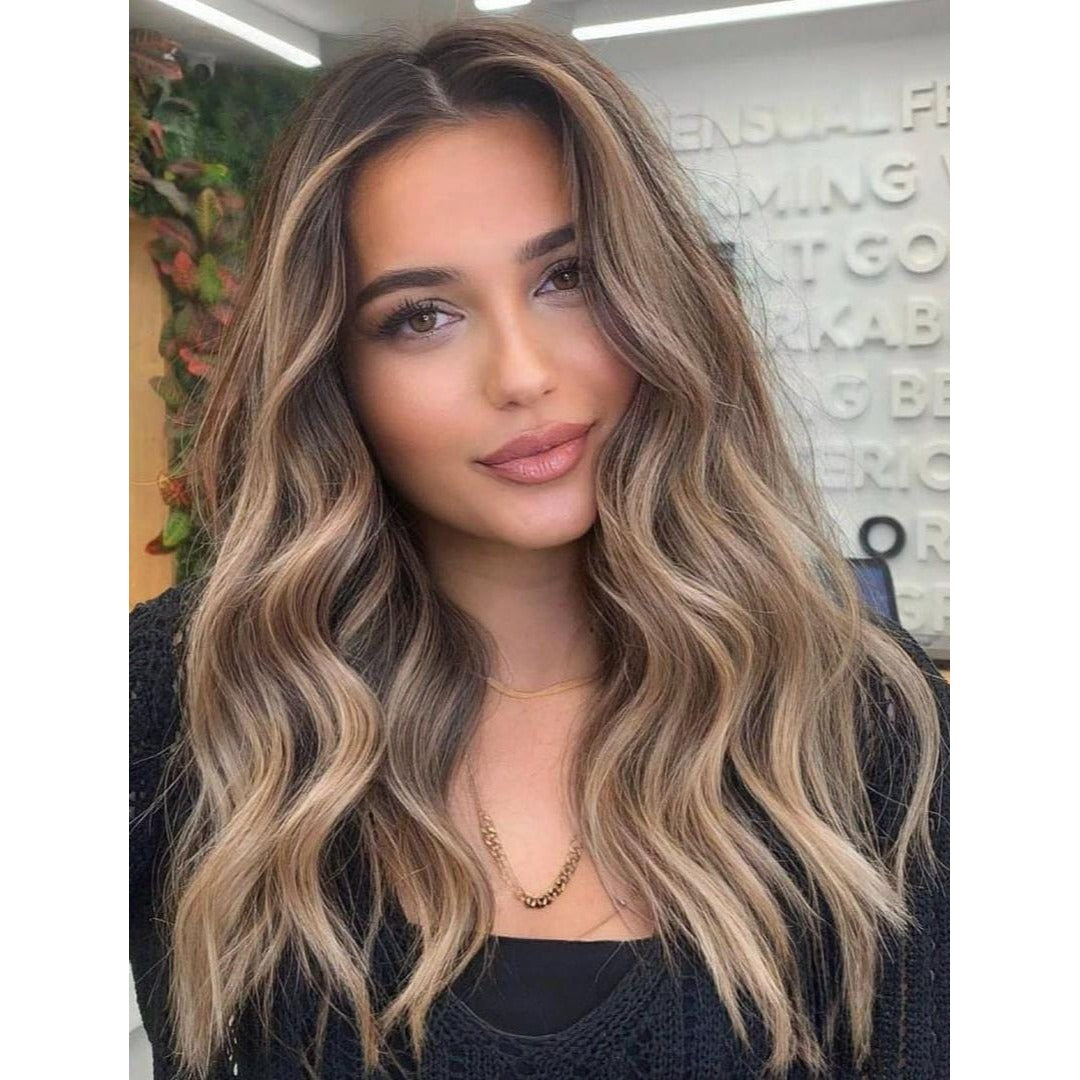 Pearl Blonde Balayage Brown Base Root Melting Wavy Wig, Virgin Premium Human Hair 150 Density HD Invisible Lace Front Wig