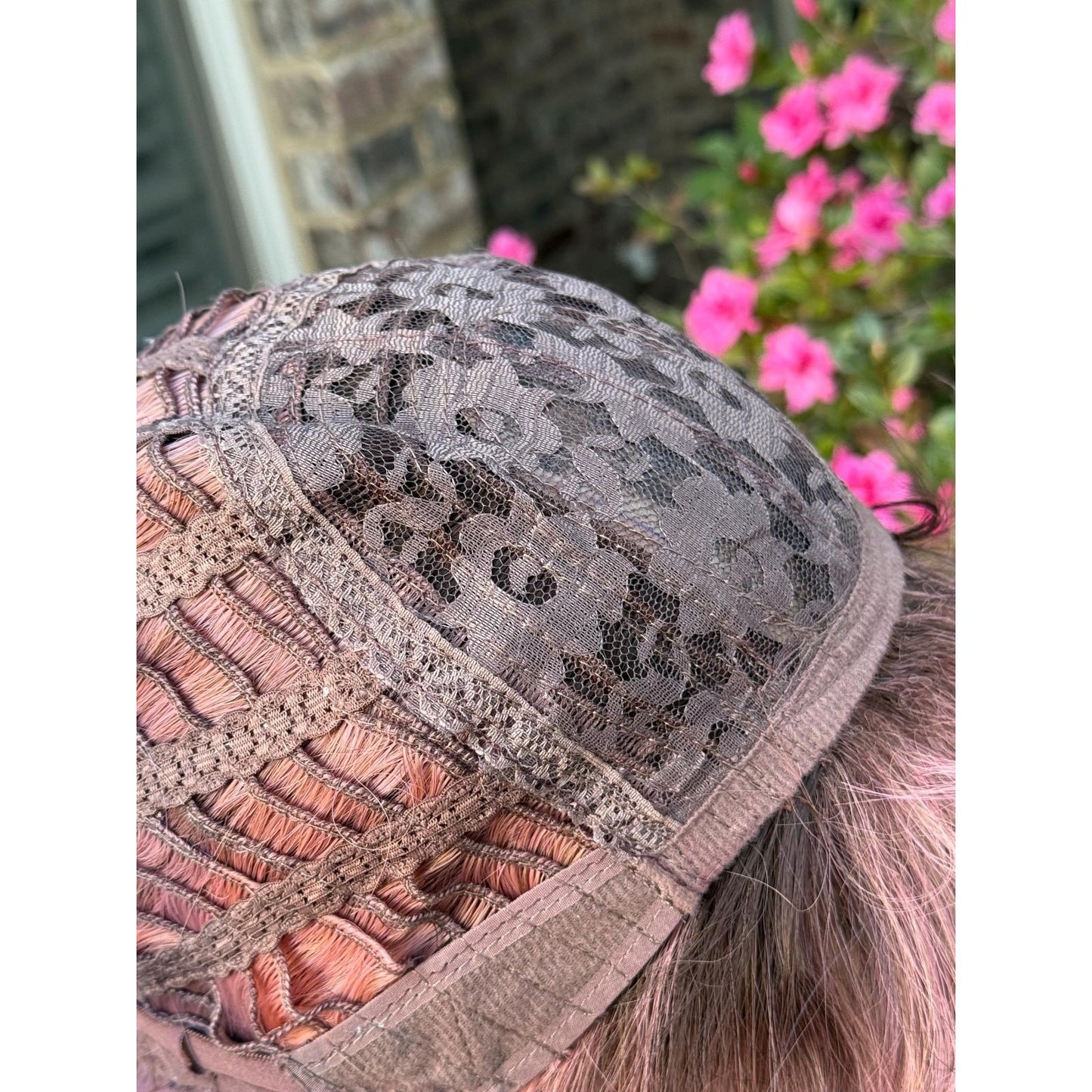 Pink Purple Candied Ombre Rooty Wavy Bangs Human Hair Blend Wig Traditional Cap