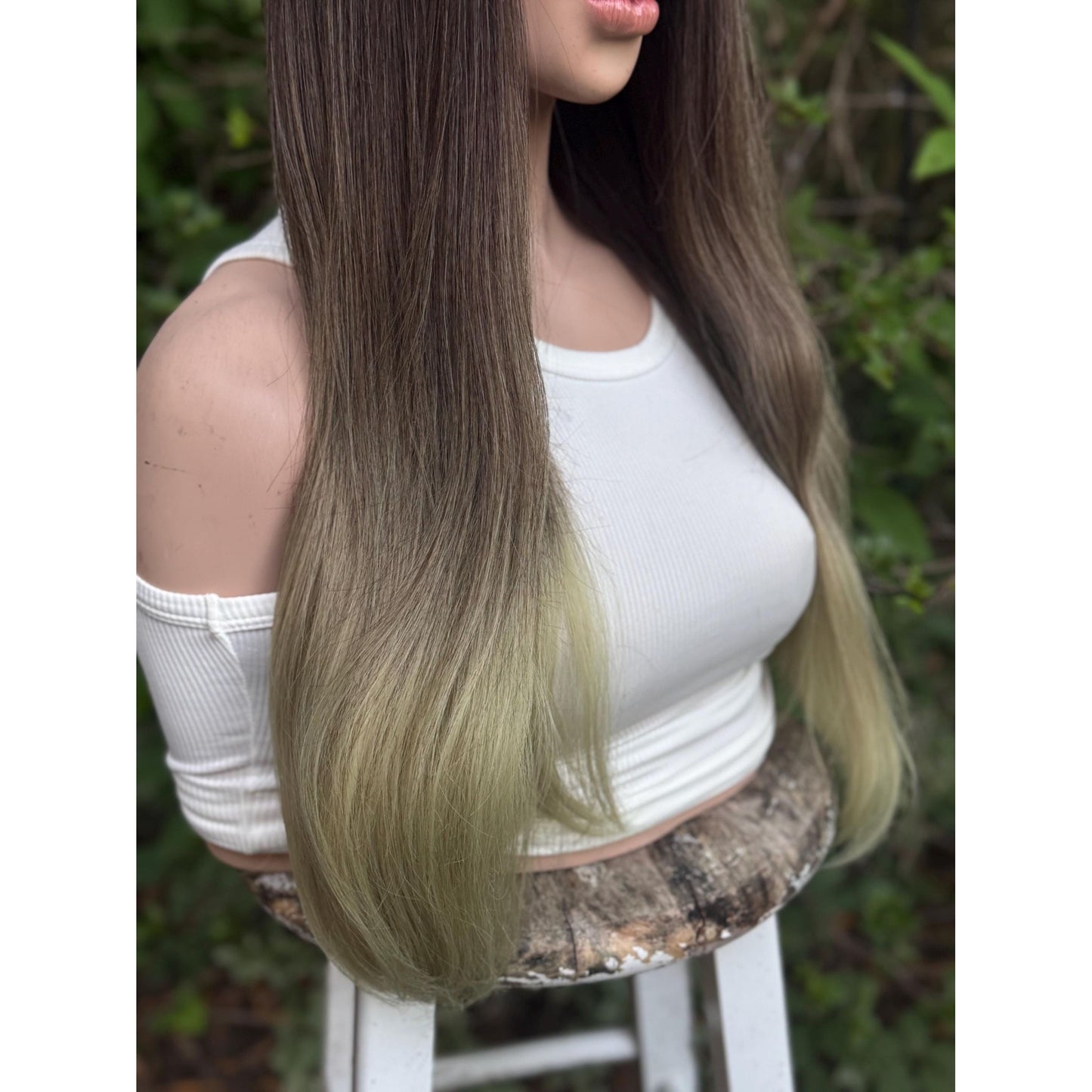 LUCKY Espresso Brown Lime Green Ombre Wig, Lightweight Full Cap, Heat Safe Glueless Unit with Bangs