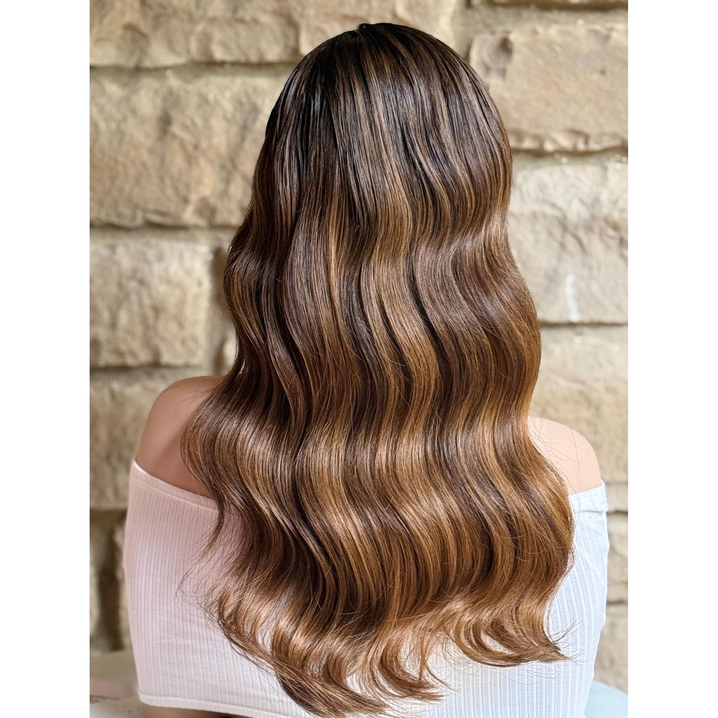 Wig 100% Human Hair | Medium Brown, Copper Balayage | 18” Lace Top 130 Density | Brunette with Highlights