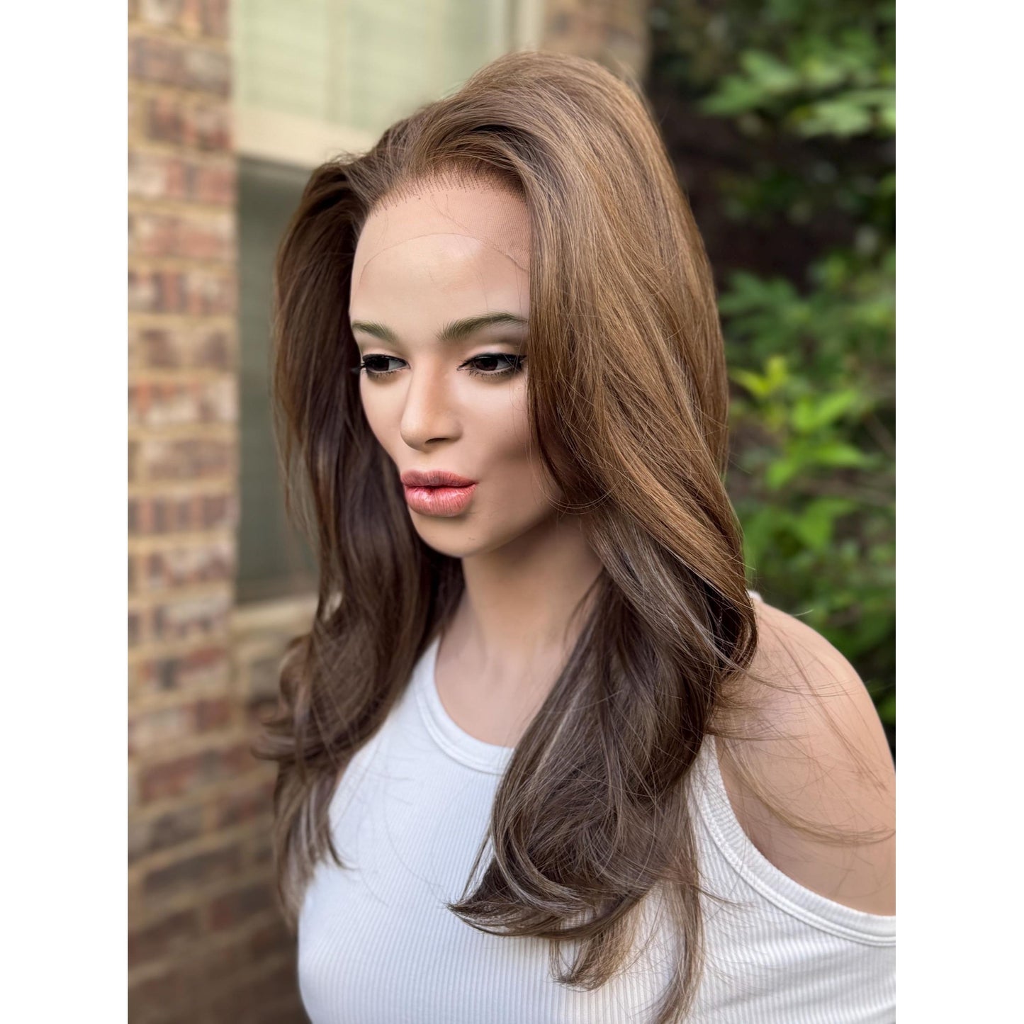 MYRA Medium Chocolate Brown Blonde Highlights Wig, Lace Front, 13x6 Hand-Tied, Human Hair Blend