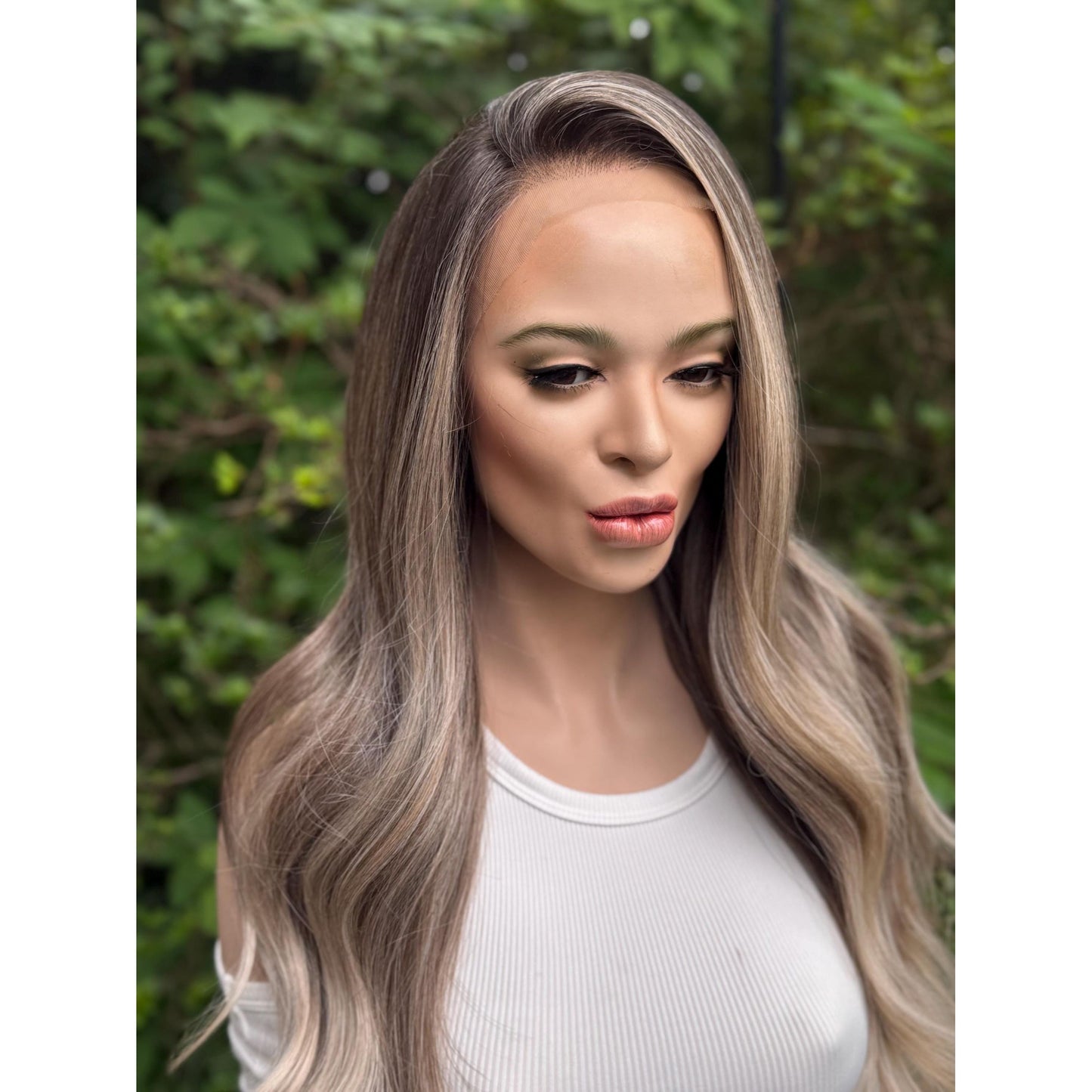 HARLEIGH Ashy Cool Tone Latte Blonde Balayage Wig, Lace Front, 13x4 Hand-Tied, Human Hair Blend