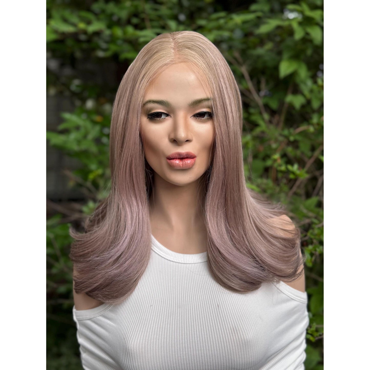 TEMPEST 13” Human Hair Blend Wig: Light Almond Blonde Purple Mauve Balayage Curls 13x4 Lace