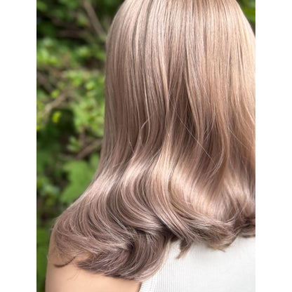 TEMPEST 13” Human Hair Blend Wig: Light Almond Blonde Purple Mauve Balayage Curls 13x4 Lace