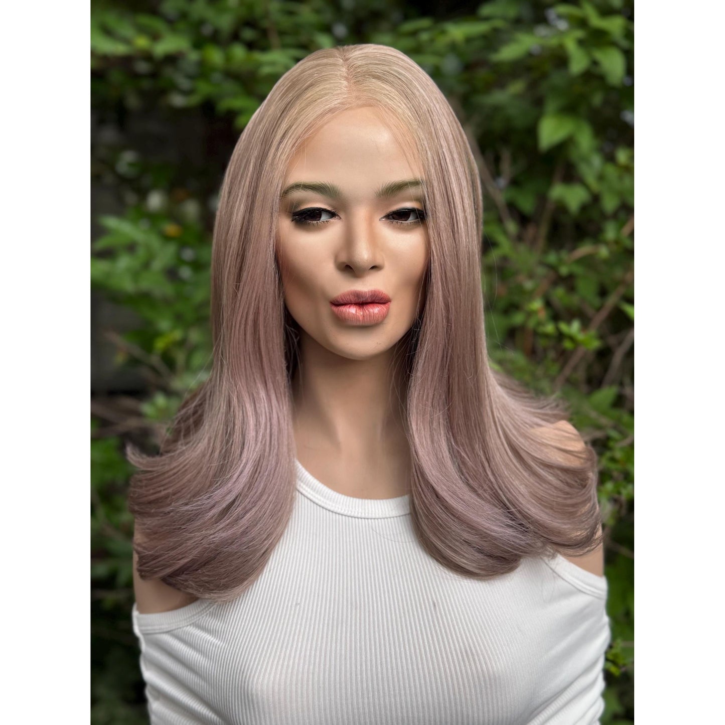 TEMPEST 13” Human Hair Blend Wig: Light Almond Blonde Purple Mauve Balayage Curls 13x4 Lace