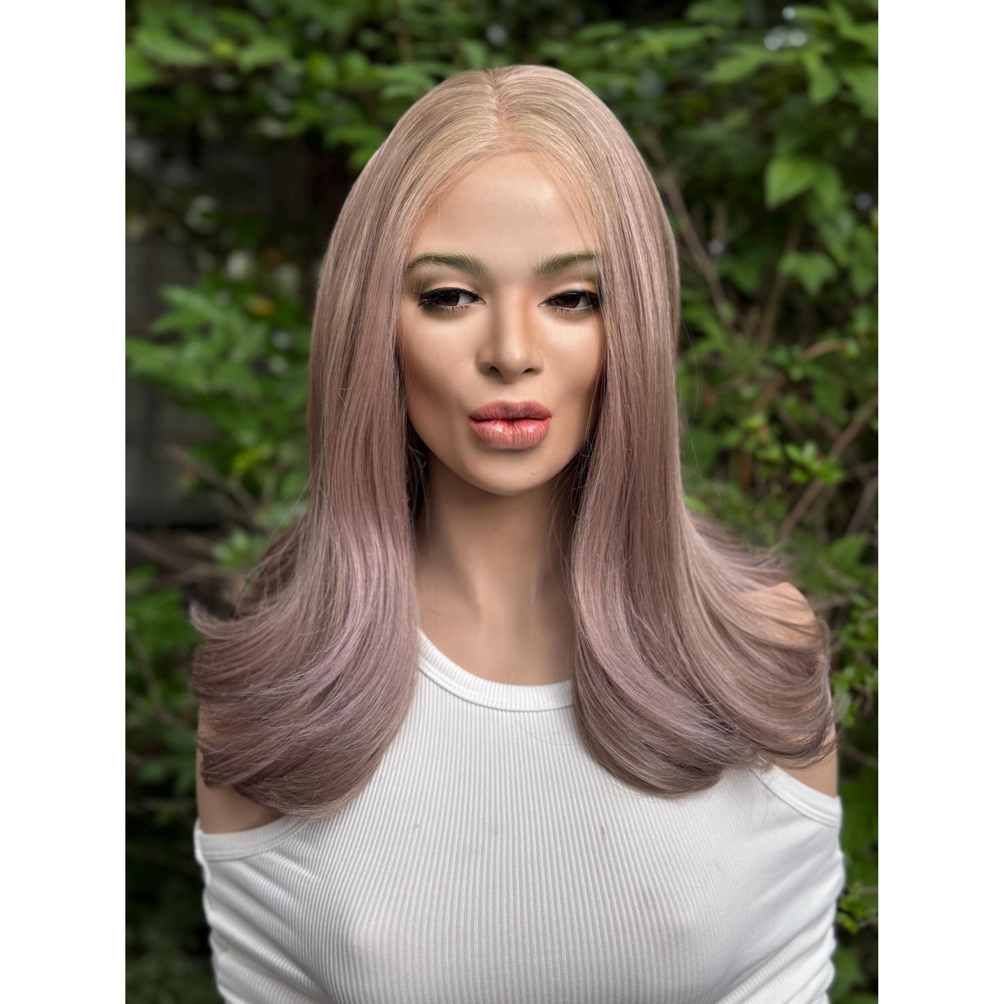 TEMPEST 13” Human Hair Blend Wig: Light Almond Blonde Purple Mauve Balayage Curls 13x4 Lace