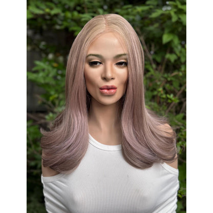 TEMPEST 13” Human Hair Blend Wig: Light Almond Blonde Purple Mauve Balayage Curls 13x4 Lace