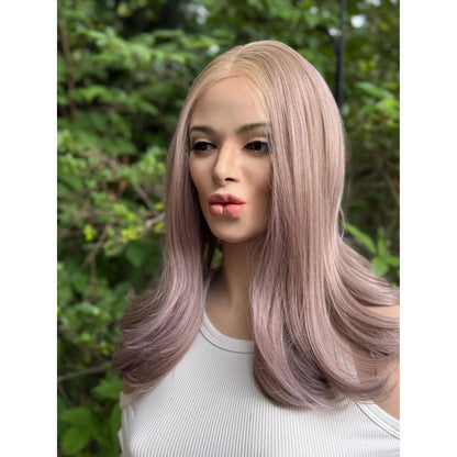 TEMPEST 13” Human Hair Blend Wig: Light Almond Blonde Purple Mauve Balayage Curls 13x4 Lace