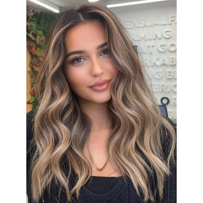 Pearl Blonde Balayage Brown Base Root Melting Wavy Wig, Virgin Premium Human Hair 150 Density HD Invisible Lace Front Wig