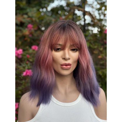 Pink Purple Candied Ombre Rooty Wavy Bangs Human Hair Blend Wig Traditional Cap