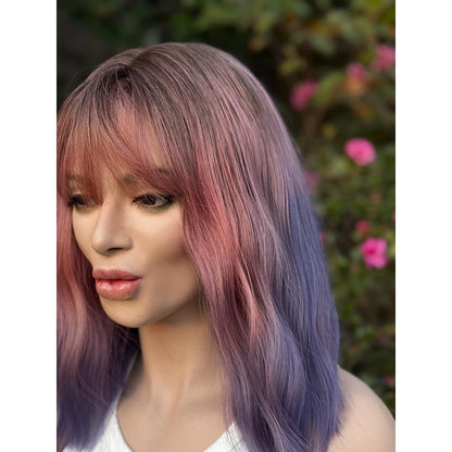 Pink Purple Candied Ombre Rooty Wavy Bangs Human Hair Blend Wig Traditional Cap