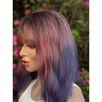 Pink Purple Candied Ombre Rooty Wavy Bangs Human Hair Blend Wig Traditional Cap