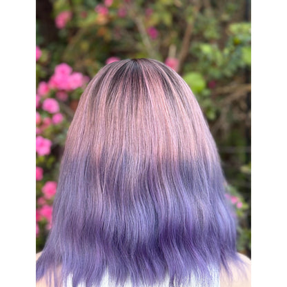Pink Purple Candied Ombre Rooty Wavy Bangs Human Hair Blend Wig Traditional Cap