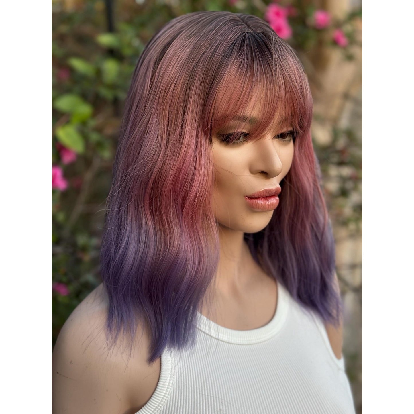 Pink Purple Candied Ombre Rooty Wavy Bangs Human Hair Blend Wig Traditional Cap