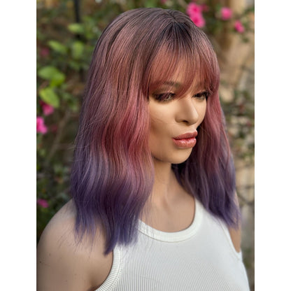 Pink Purple Candied Ombre Rooty Wavy Bangs Human Hair Blend Wig Traditional Cap