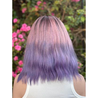 Pink Purple Candied Ombre Rooty Wavy Bangs Human Hair Blend Wig Traditional Cap