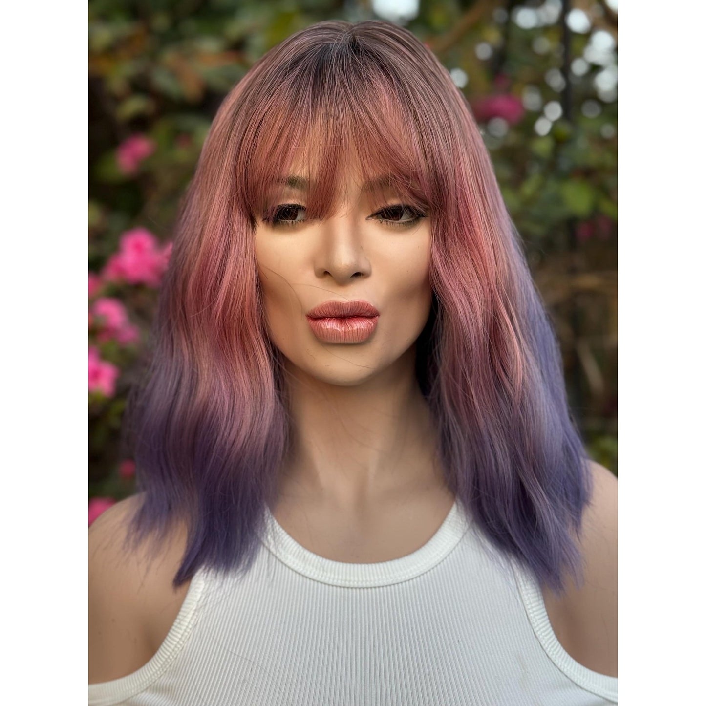 Pink Purple Candied Ombre Rooty Wavy Bangs Human Hair Blend Wig Traditional Cap