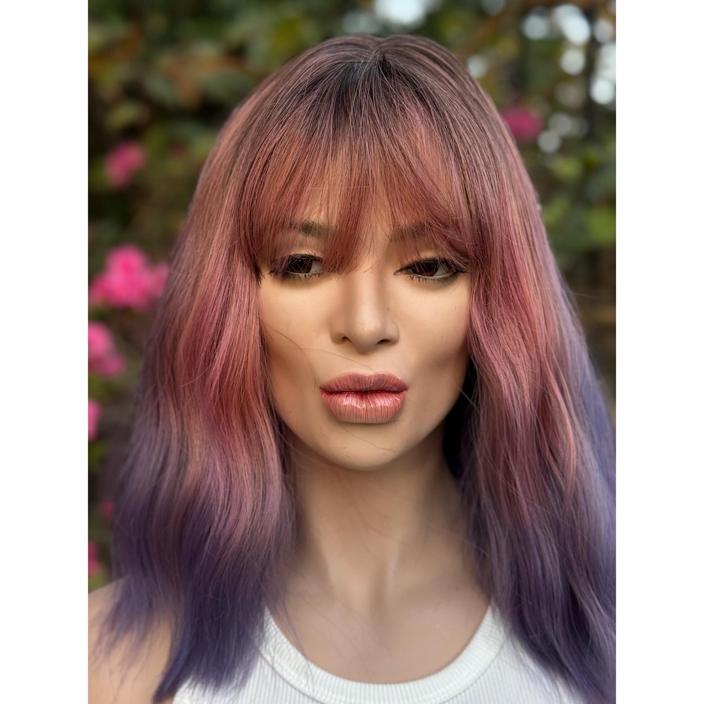 Pink Purple Candied Ombre Rooty Wavy Bangs Human Hair Blend Wig Traditional Cap