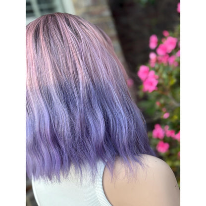 Pink Purple Candied Ombre Rooty Wavy Bangs Human Hair Blend Wig Traditional Cap