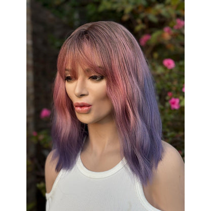 Pink Purple Candied Ombre Rooty Wavy Bangs Human Hair Blend Wig Traditional Cap