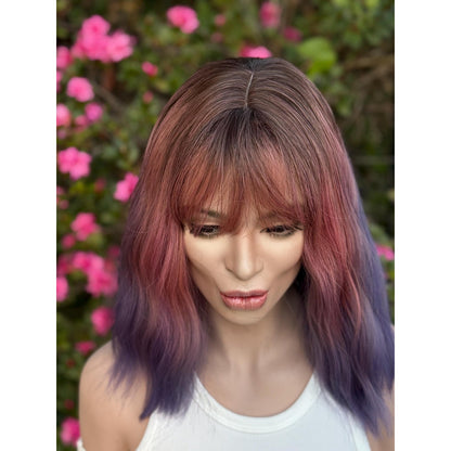 Pink Purple Candied Ombre Rooty Wavy Bangs Human Hair Blend Wig Traditional Cap