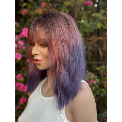 Pink Purple Candied Ombre Rooty Wavy Bangs Human Hair Blend Wig Traditional Cap