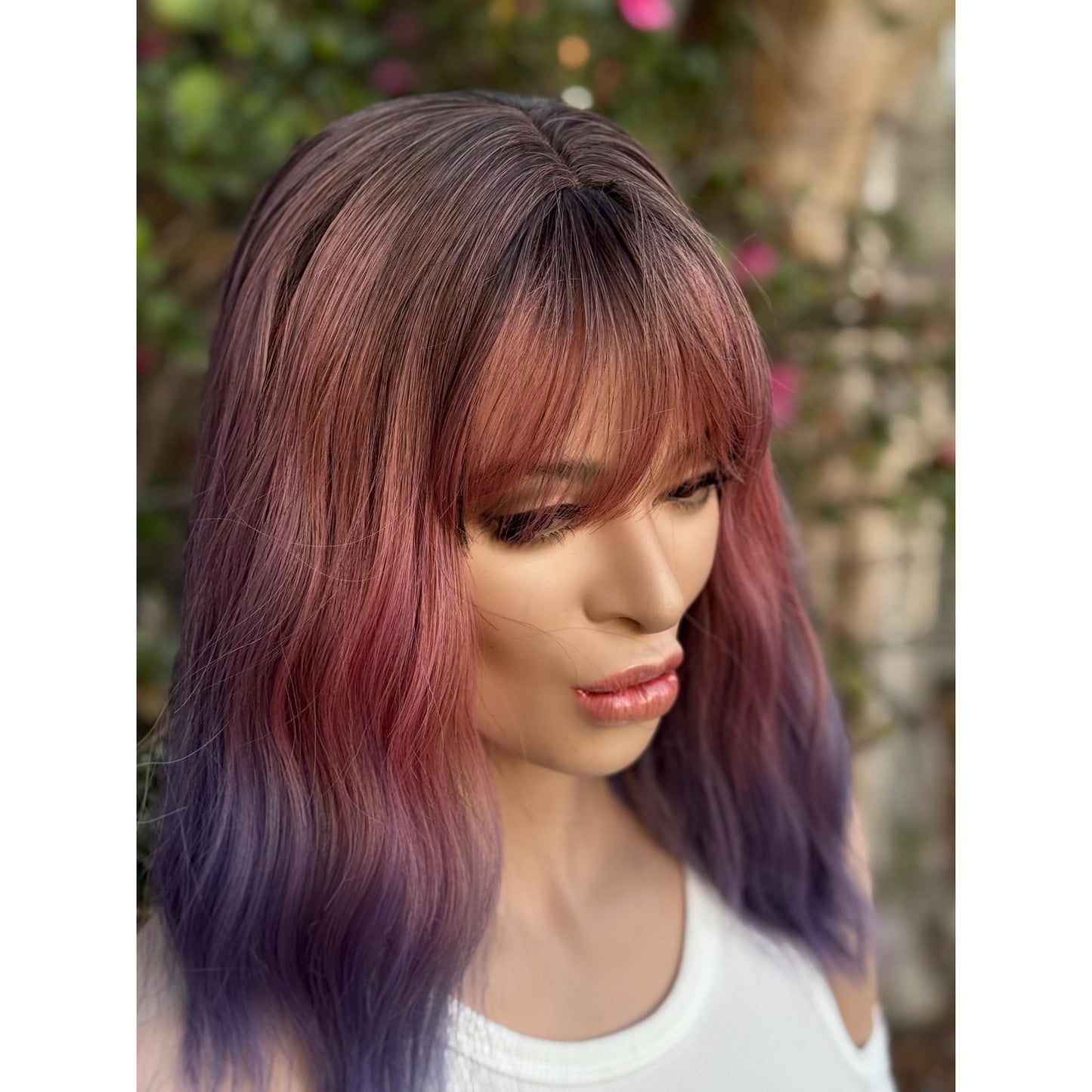Pink Purple Candied Ombre Rooty Wavy Bangs Human Hair Blend Wig Traditional Cap