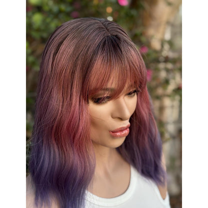 Pink Purple Candied Ombre Rooty Wavy Bangs Human Hair Blend Wig Traditional Cap