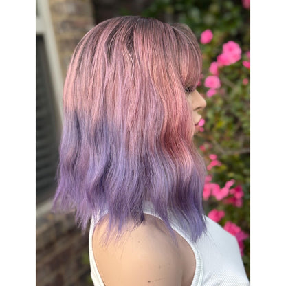 Pink Purple Candied Ombre Rooty Wavy Bangs Human Hair Blend Wig Traditional Cap