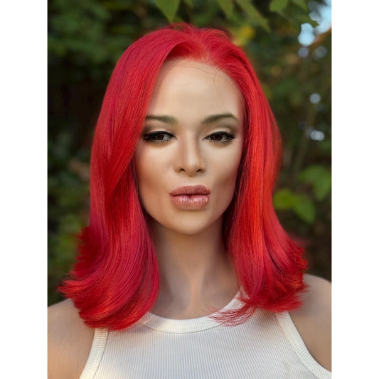 Fiery Fire Red Soft Flipped Human Hair Blend Lace Front Wig Hand-Tied Lace Top