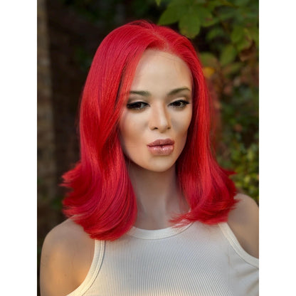 Fiery Fire Red Soft Flipped Human Hair Blend Lace Front Wig Hand-Tied Lace Top