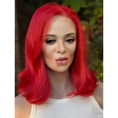 Fiery Fire Red Soft Flipped Human Hair Blend Lace Front Wig Hand-Tied Lace Top