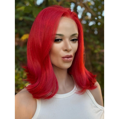 Fiery Fire Red Soft Flipped Human Hair Blend Lace Front Wig Hand-Tied Lace Top