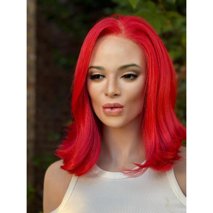 Fiery Fire Red Soft Flipped Human Hair Blend Lace Front Wig Hand-Tied Lace Top