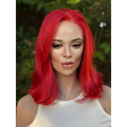 Fiery Fire Red Soft Flipped Human Hair Blend Lace Front Wig Hand-Tied Lace Top