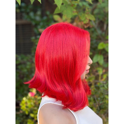 Fiery Fire Red Soft Flipped Human Hair Blend Lace Front Wig Hand-Tied Lace Top
