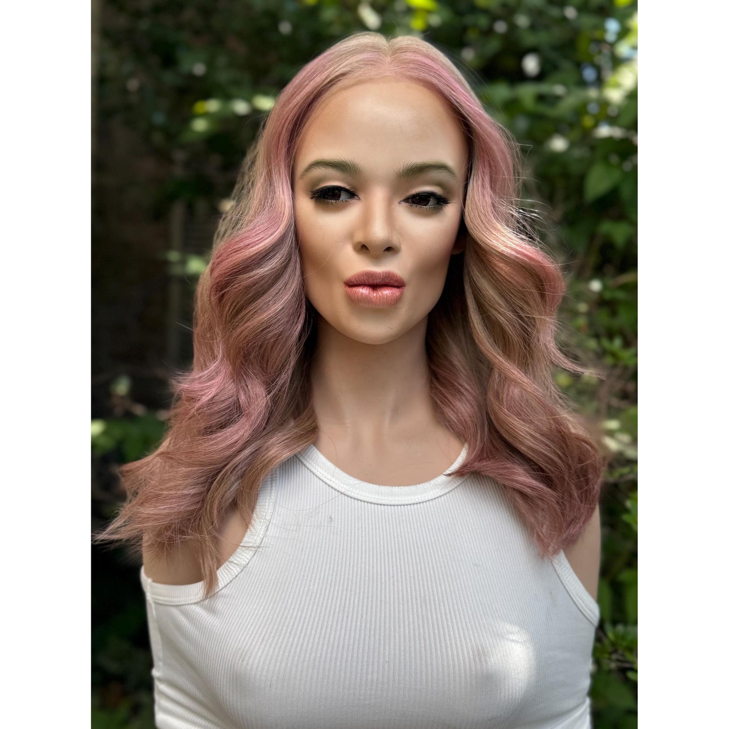 SAKURA Wavy Human Hair Blend Wig, Baby Blonde Pink Balayage Highlights, Lace Front (14 Inch)