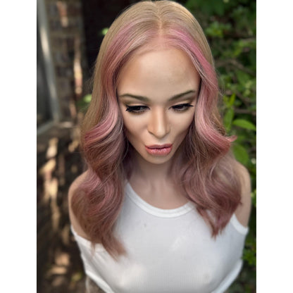 SAKURA Wavy Human Hair Blend Wig, Baby Blonde Pink Balayage Highlights, Lace Front (14 Inch)