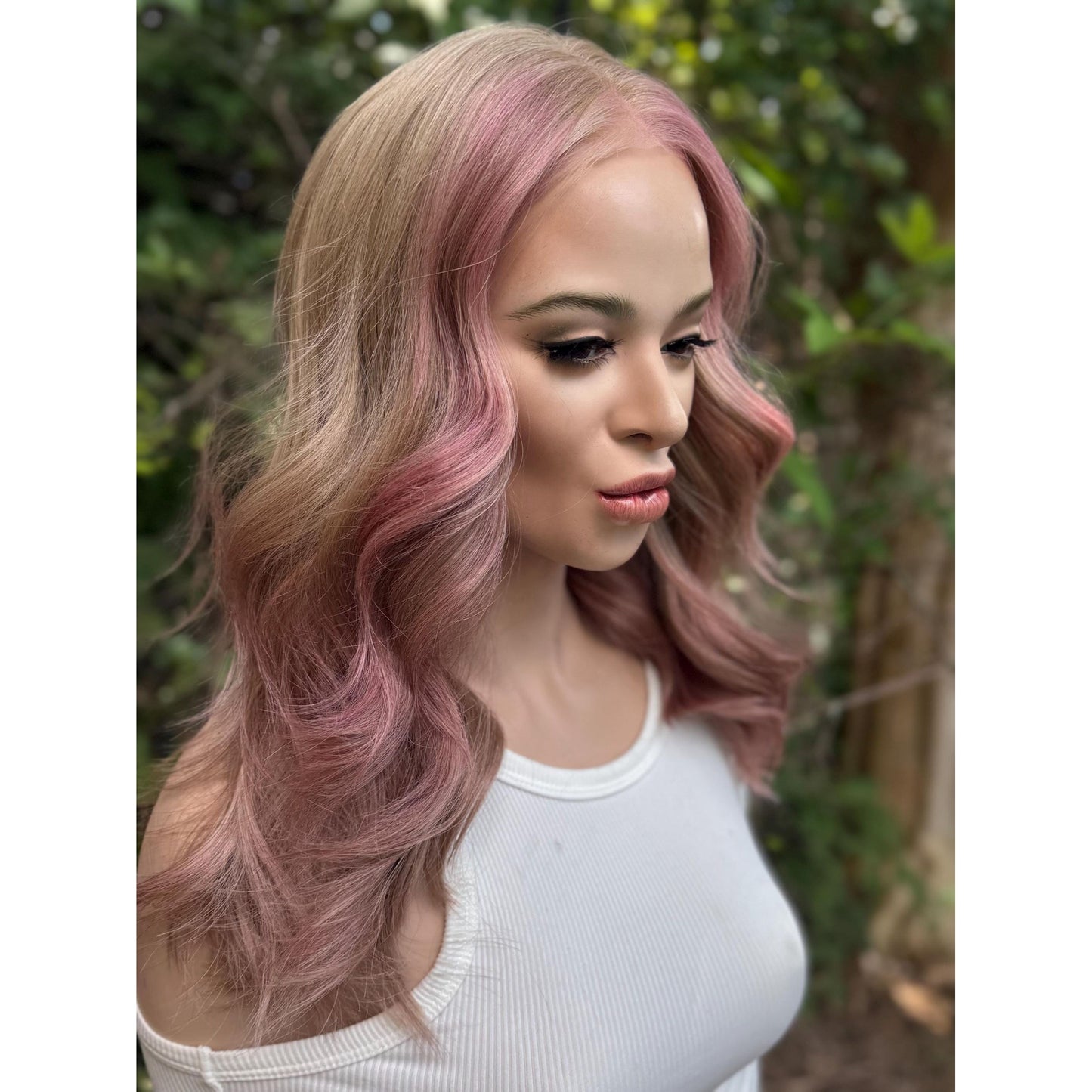 SAKURA Wavy Human Hair Blend Wig, Baby Blonde Pink Balayage Highlights, Lace Front (14 Inch)