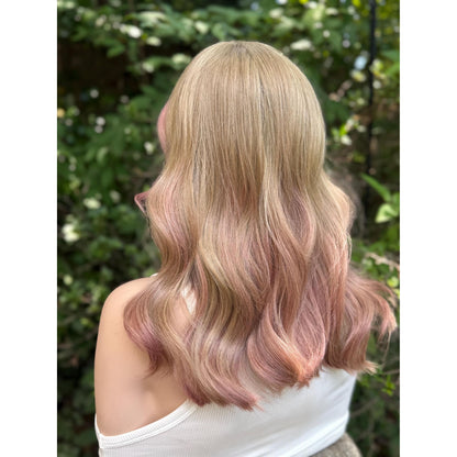 SAKURA Wavy Human Hair Blend Wig, Baby Blonde Pink Balayage Highlights, Lace Front (14 Inch)