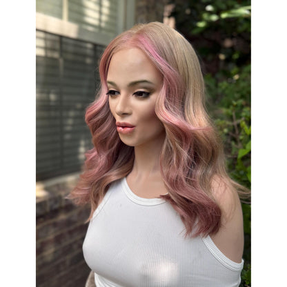 SAKURA Wavy Human Hair Blend Wig, Baby Blonde Pink Balayage Highlights, Lace Front (14 Inch)