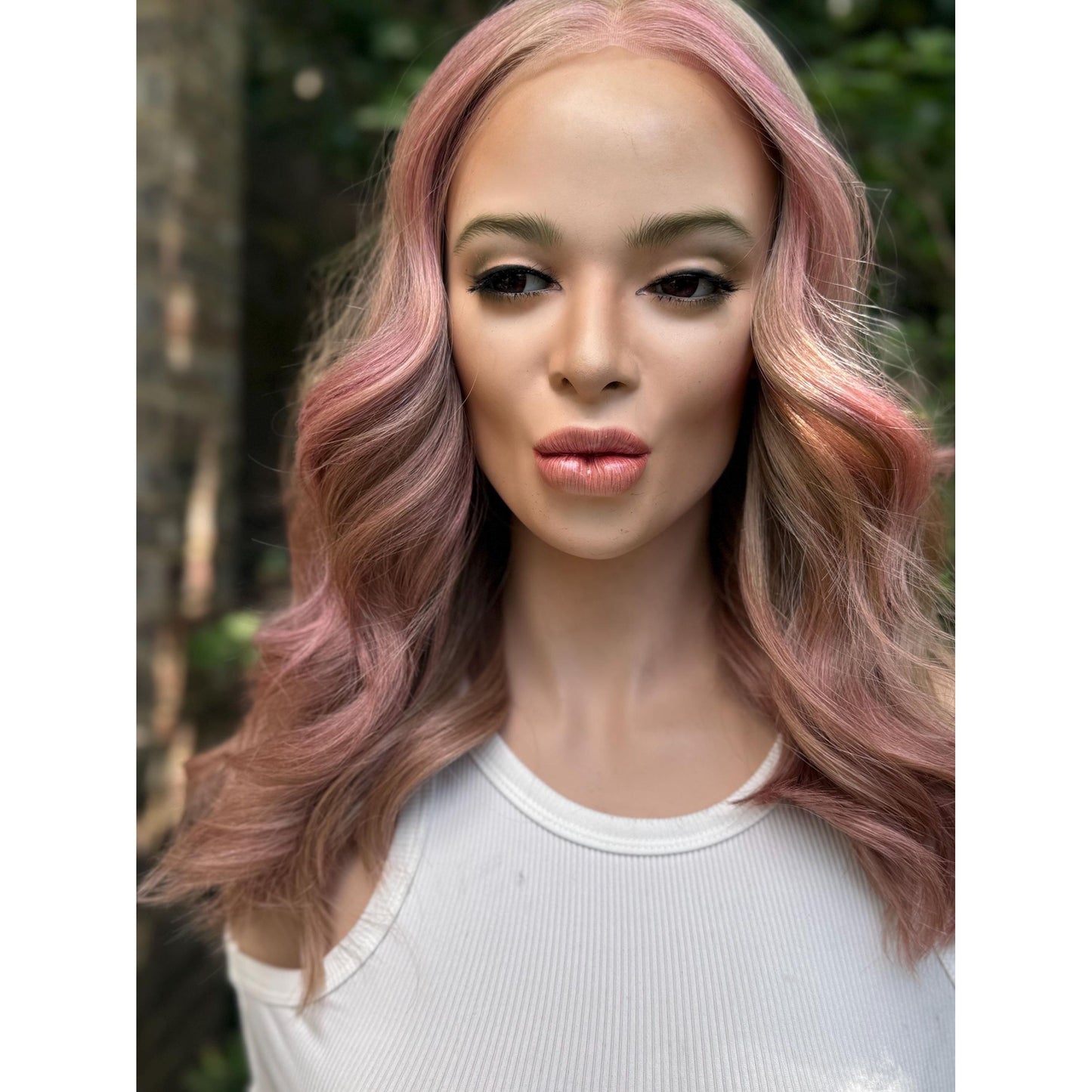 SAKURA Wavy Human Hair Blend Wig, Baby Blonde Pink Balayage Highlights, Lace Front (14 Inch)