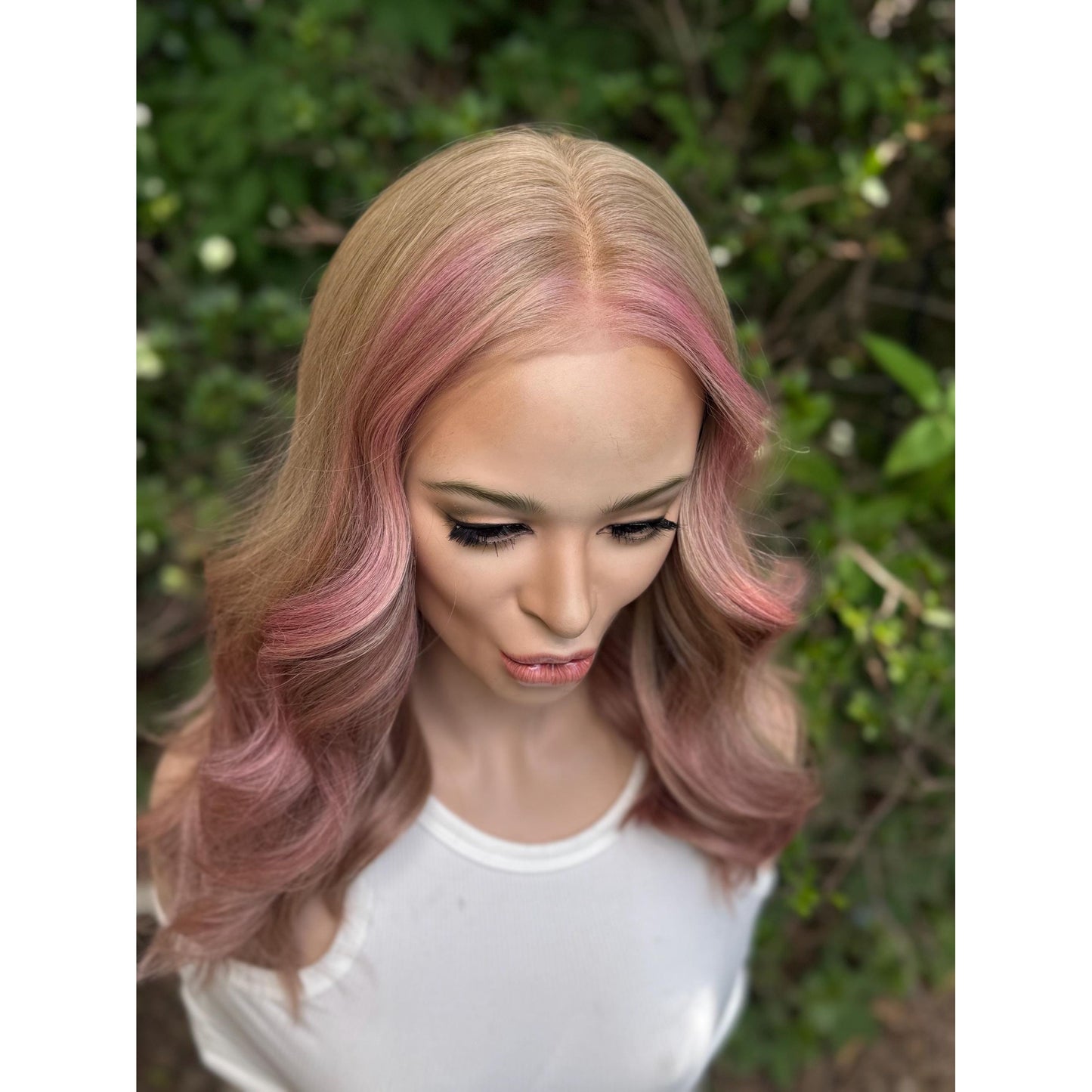 SAKURA Wavy Human Hair Blend Wig, Baby Blonde Pink Balayage Highlights, Lace Front (14 Inch)