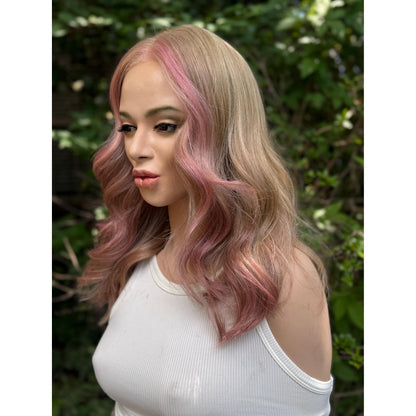 SAKURA Wavy Human Hair Blend Wig, Baby Blonde Pink Balayage Highlights, Lace Front (14 Inch)