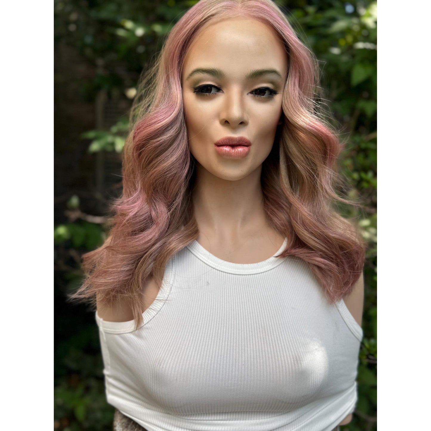 SAKURA Wavy Human Hair Blend Wig, Baby Blonde Pink Balayage Highlights, Lace Front (14 Inch)