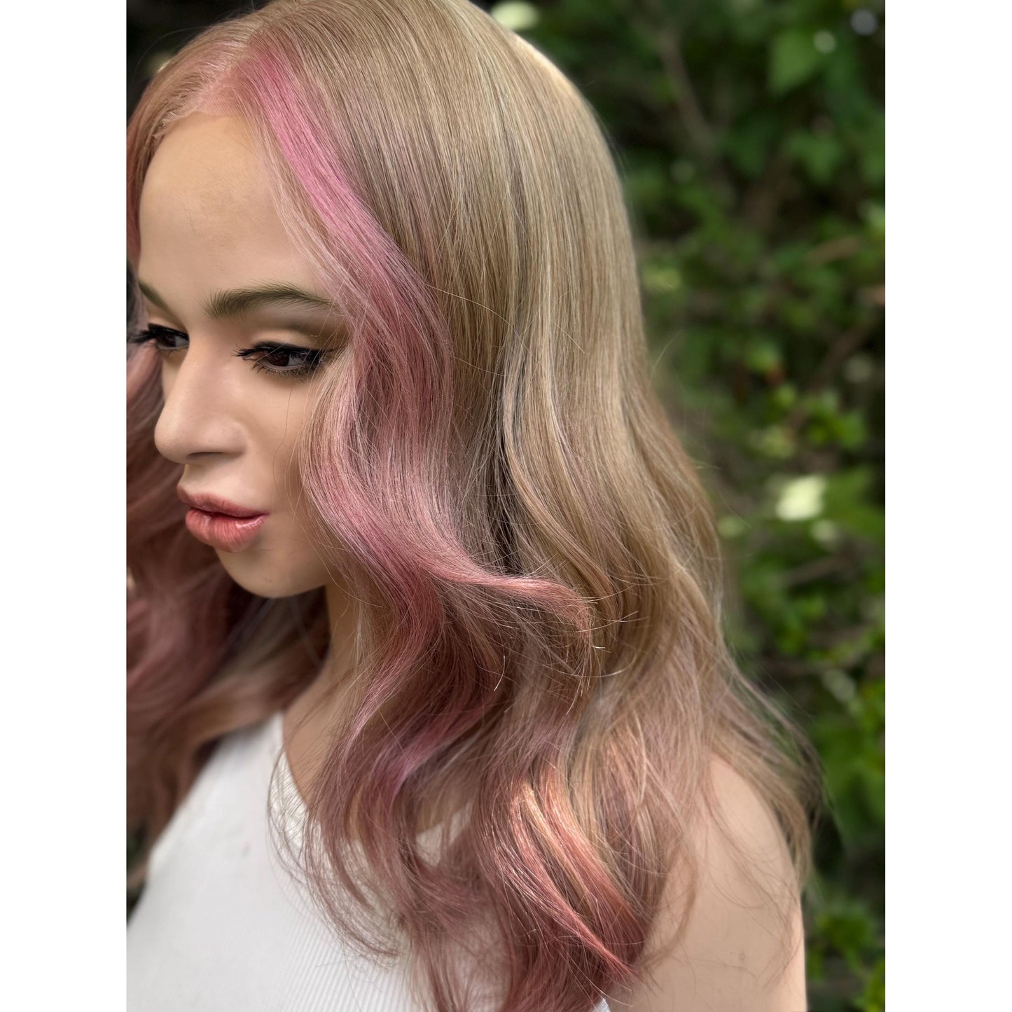 SAKURA Wavy Human Hair Blend Wig, Baby Blonde Pink Balayage Highlights, Lace Front (14 Inch)
