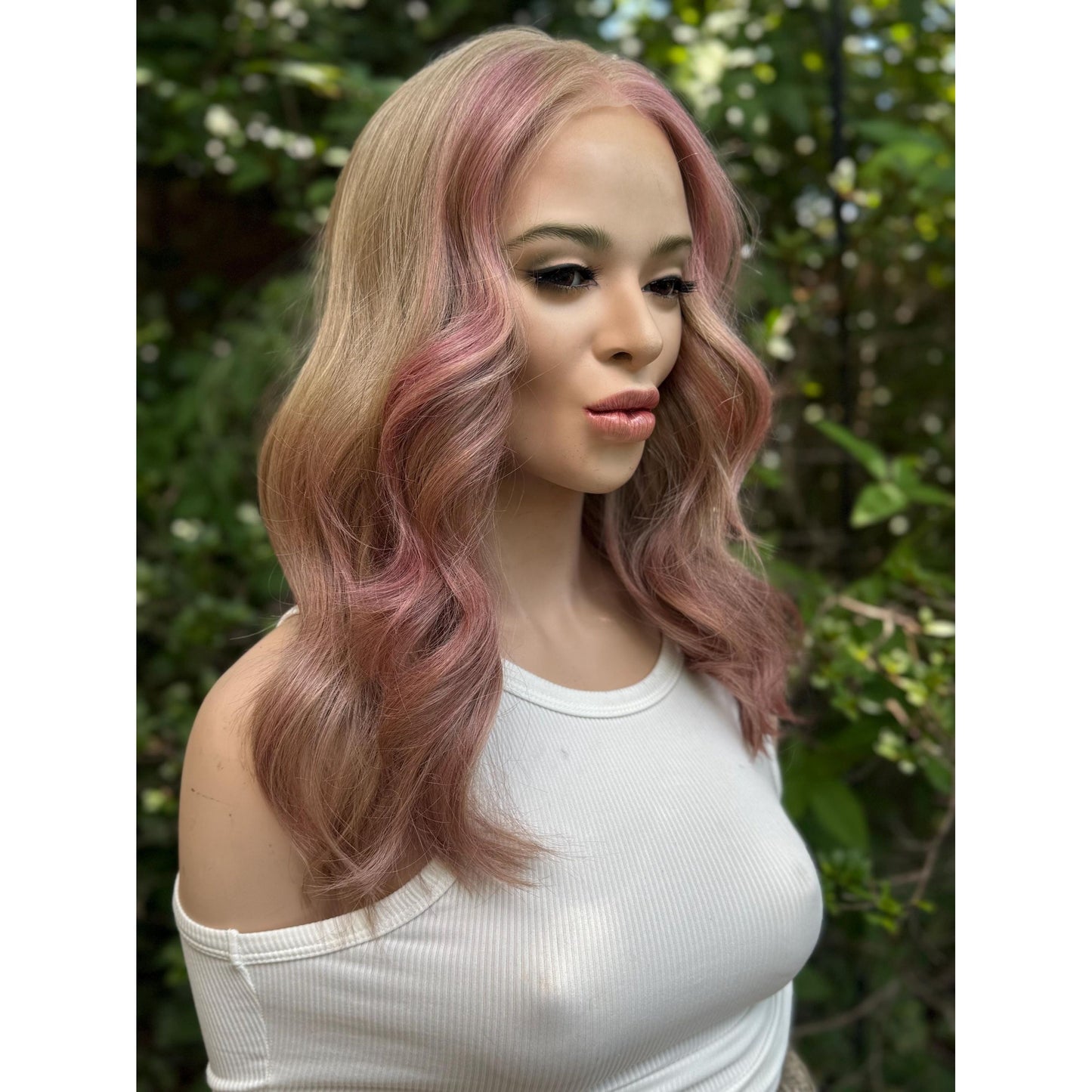 SAKURA Wavy Human Hair Blend Wig, Baby Blonde Pink Balayage Highlights, Lace Front (14 Inch)