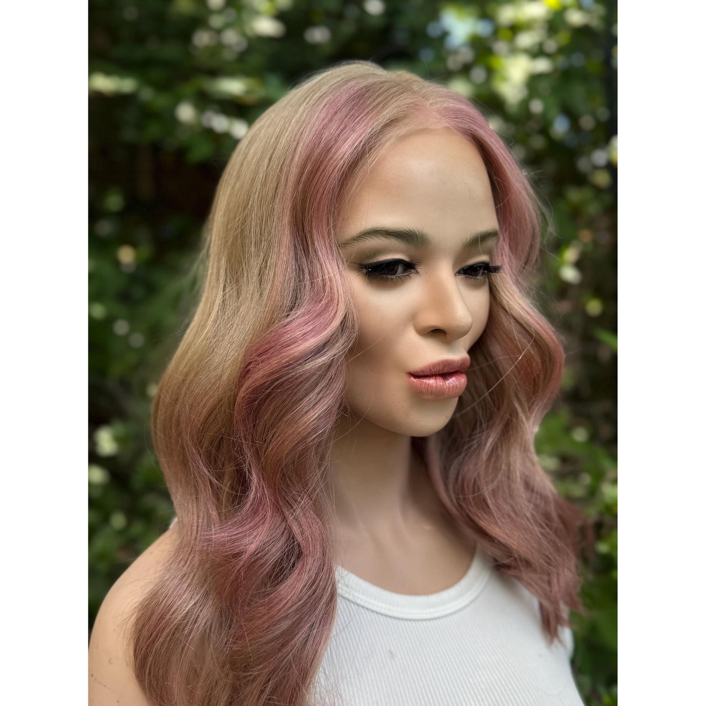 SAKURA Wavy Human Hair Blend Wig, Baby Blonde Pink Balayage Highlights, Lace Front (14 Inch)