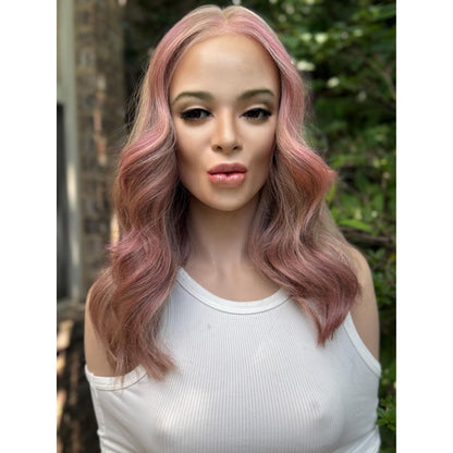 SAKURA Wavy Human Hair Blend Wig, Baby Blonde Pink Balayage Highlights, Lace Front (14 Inch)
