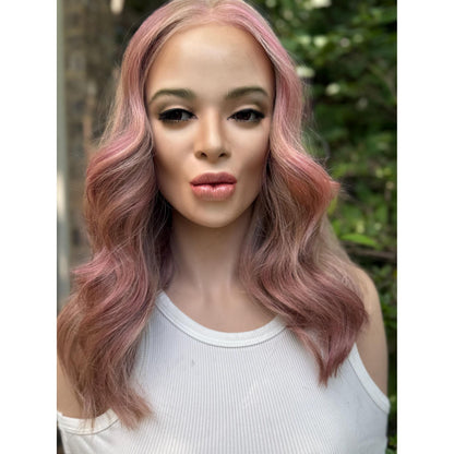 SAKURA Wavy Human Hair Blend Wig, Baby Blonde Pink Balayage Highlights, Lace Front (14 Inch)